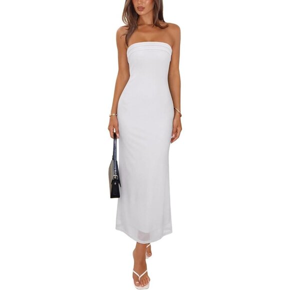 Dresses & Skirts - Women's White Summer Floral Mesh Strapless Backless Beach Cocktail Midi